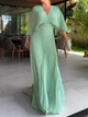 Women's Yellow Pleated Maxi Dress, Round Neck, Short Sleeves