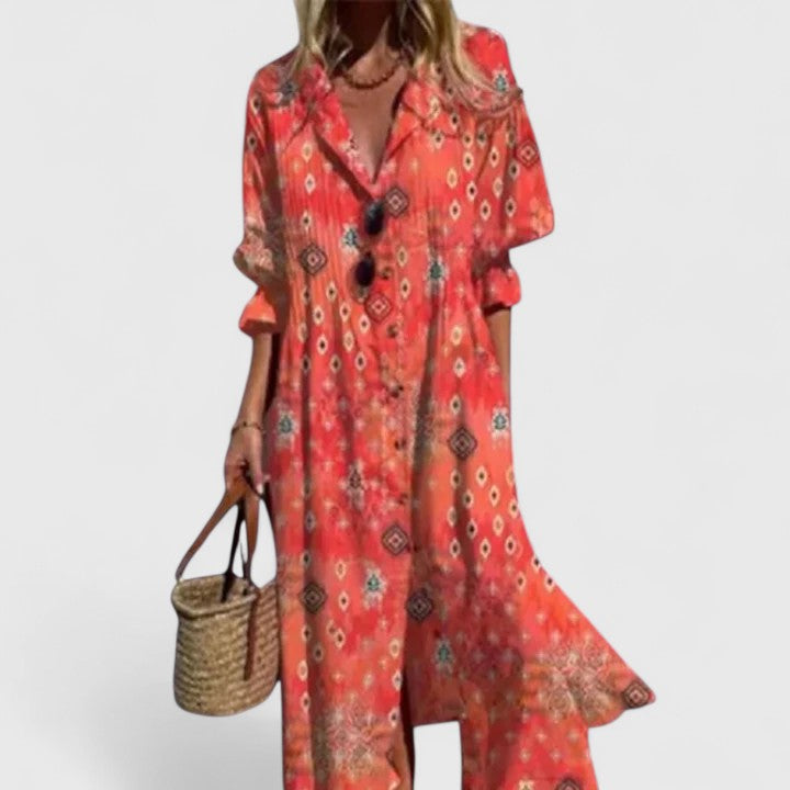 Aveline | Women's Bohemian Maxi Dress, Round Neck, Half Sleeves