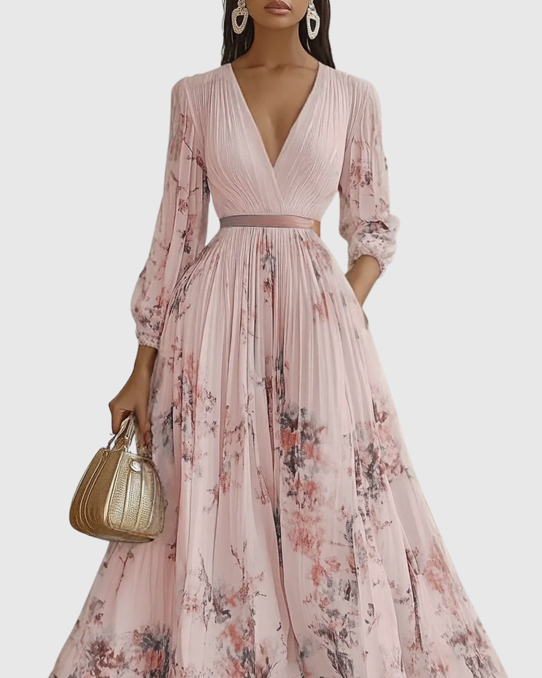 Demelza | Women's Floral Pleated Maxi Dress, V-Neck, Long Sleeves