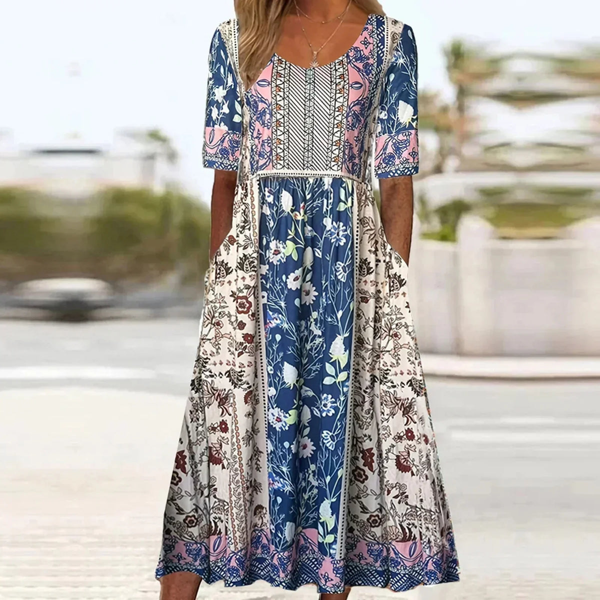 Rowena | Women's Bohemian A-Line Midi Dress, Round Neck, Short Sleeves