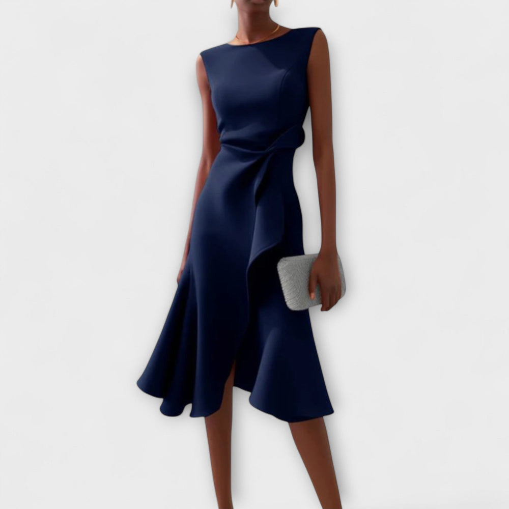 Women's sleeveless draped midi dress with defined waist tie and flared skirt