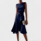 Women's sleeveless draped midi dress with defined waist tie and flared skirt