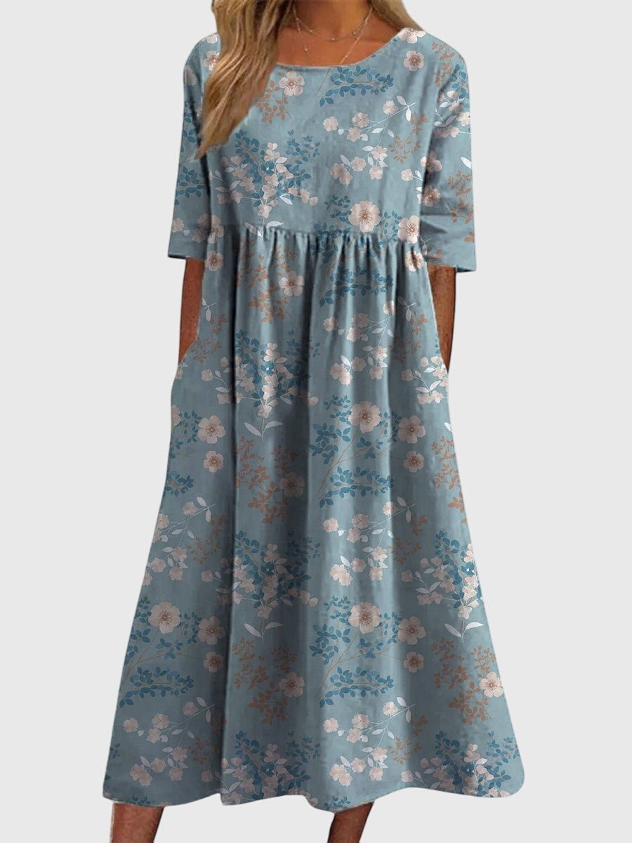 Gisela | Women's Embroidered Relaxed Midi Dress, Round Neck, Short Sleeves