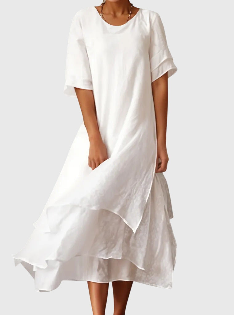 Minerva | Women's Midi Dress, Round Neck, Short Sleeves