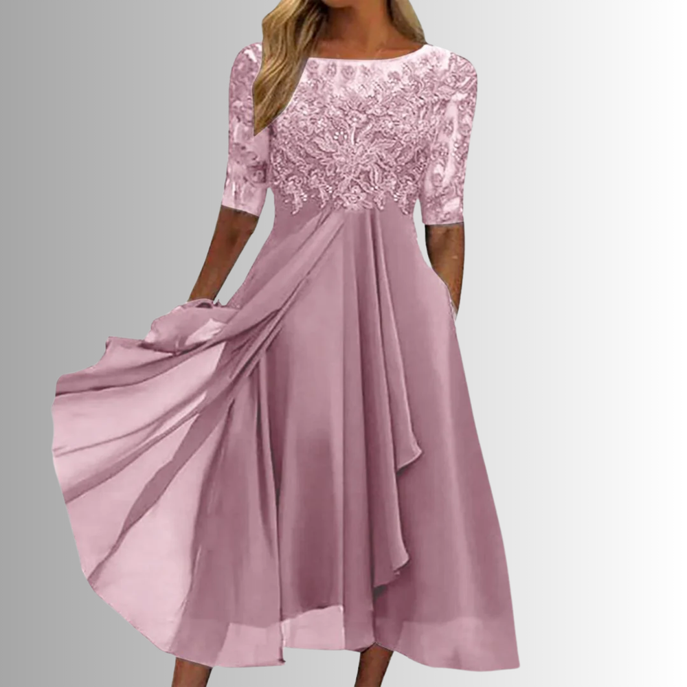 Yvette | Women's Lace A-Line Midi Dress, Round Neck, Three-Quarter Sleeves