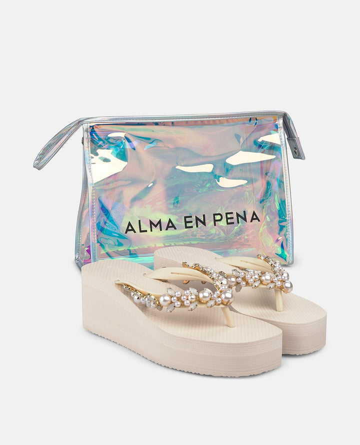Cream pearl embellished platform flip-flop sandals