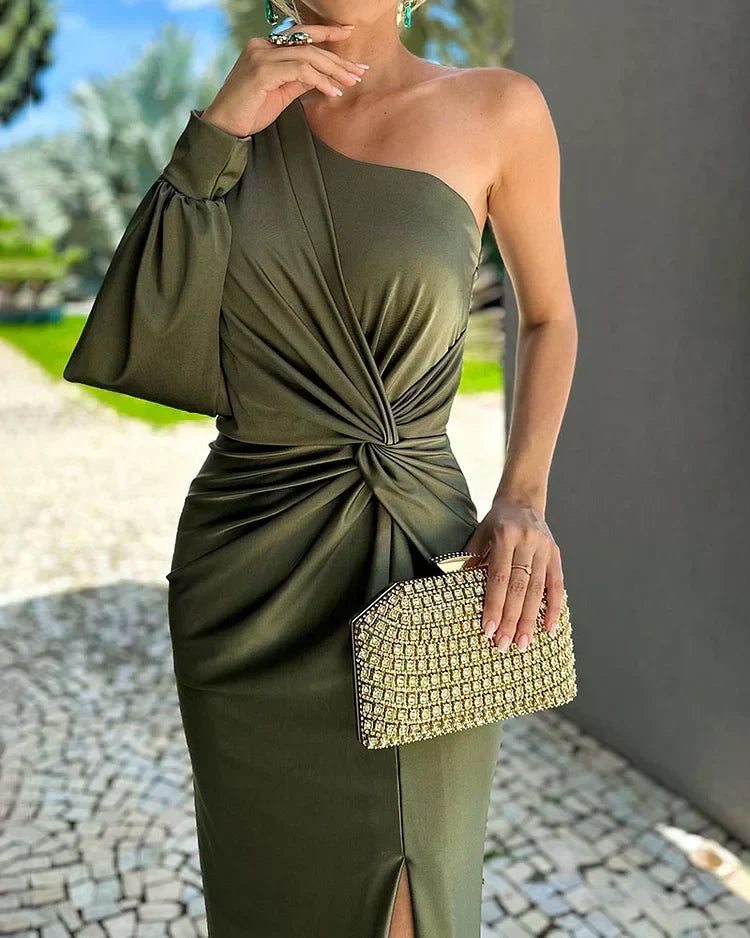 Margery | Women's Pleated Maxi Dress, Off-Shoulder, Short Sleeves