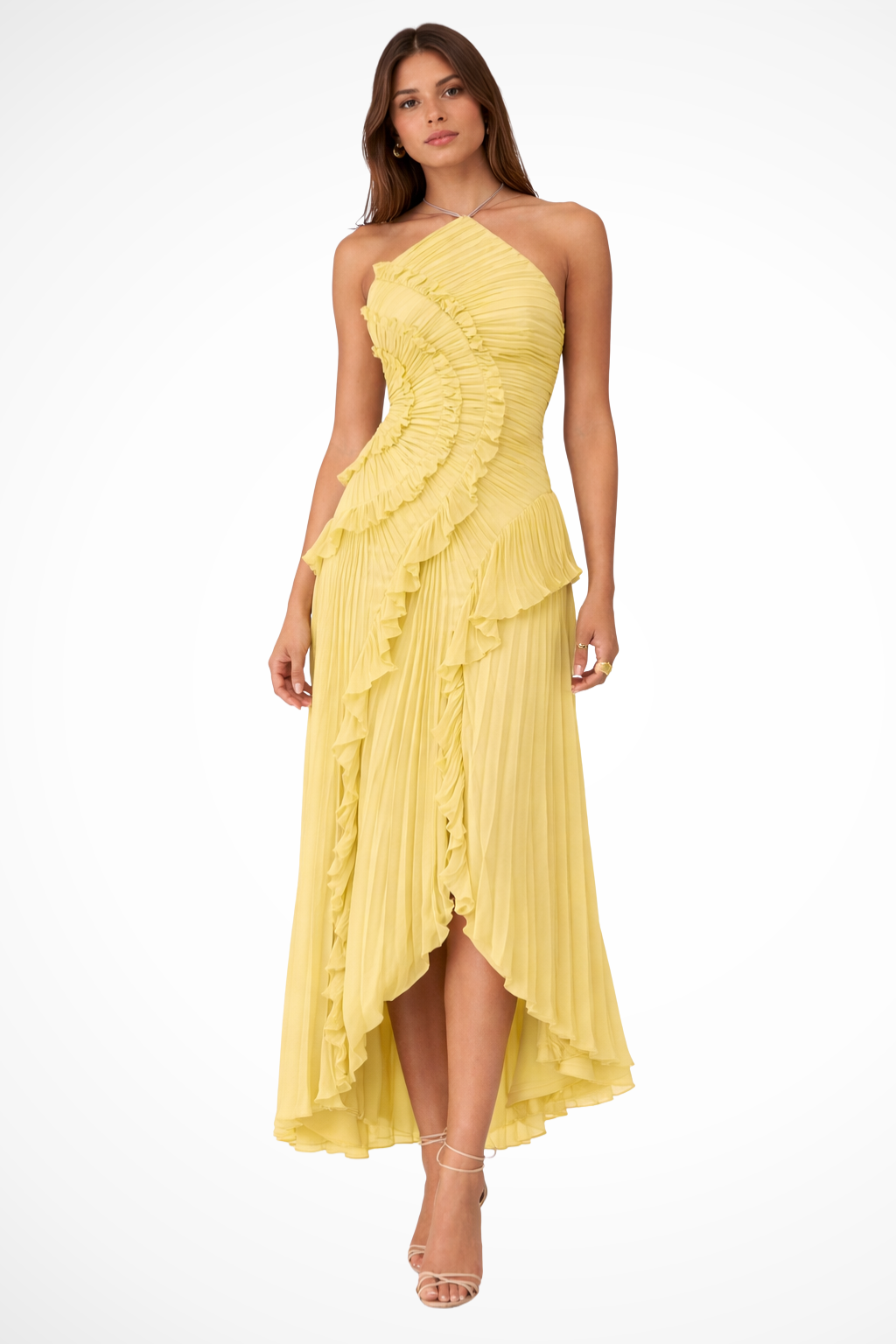 Women's pleated ruffle halter maxi dress with asymmetric hem