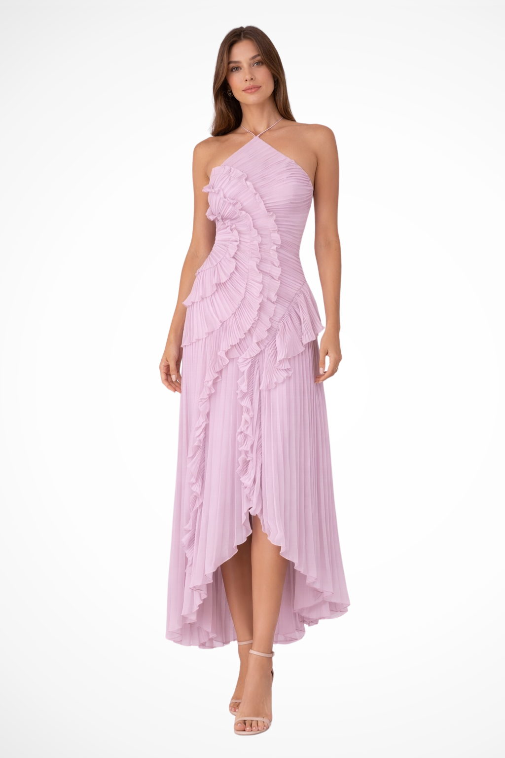 Women's pleated ruffle halter maxi dress with asymmetric hem