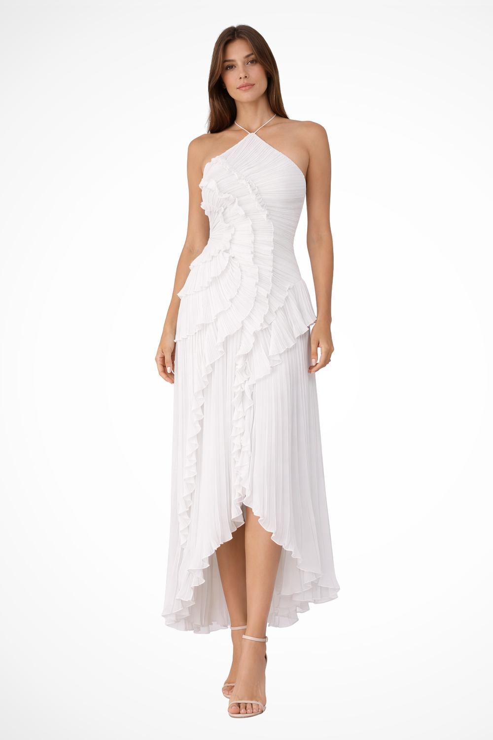 Women's pleated ruffle halter maxi dress with asymmetric hem