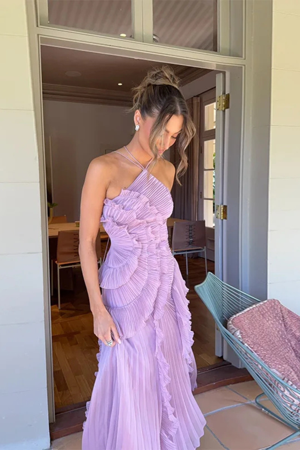 Women's pleated ruffle halter maxi dress with asymmetric hem