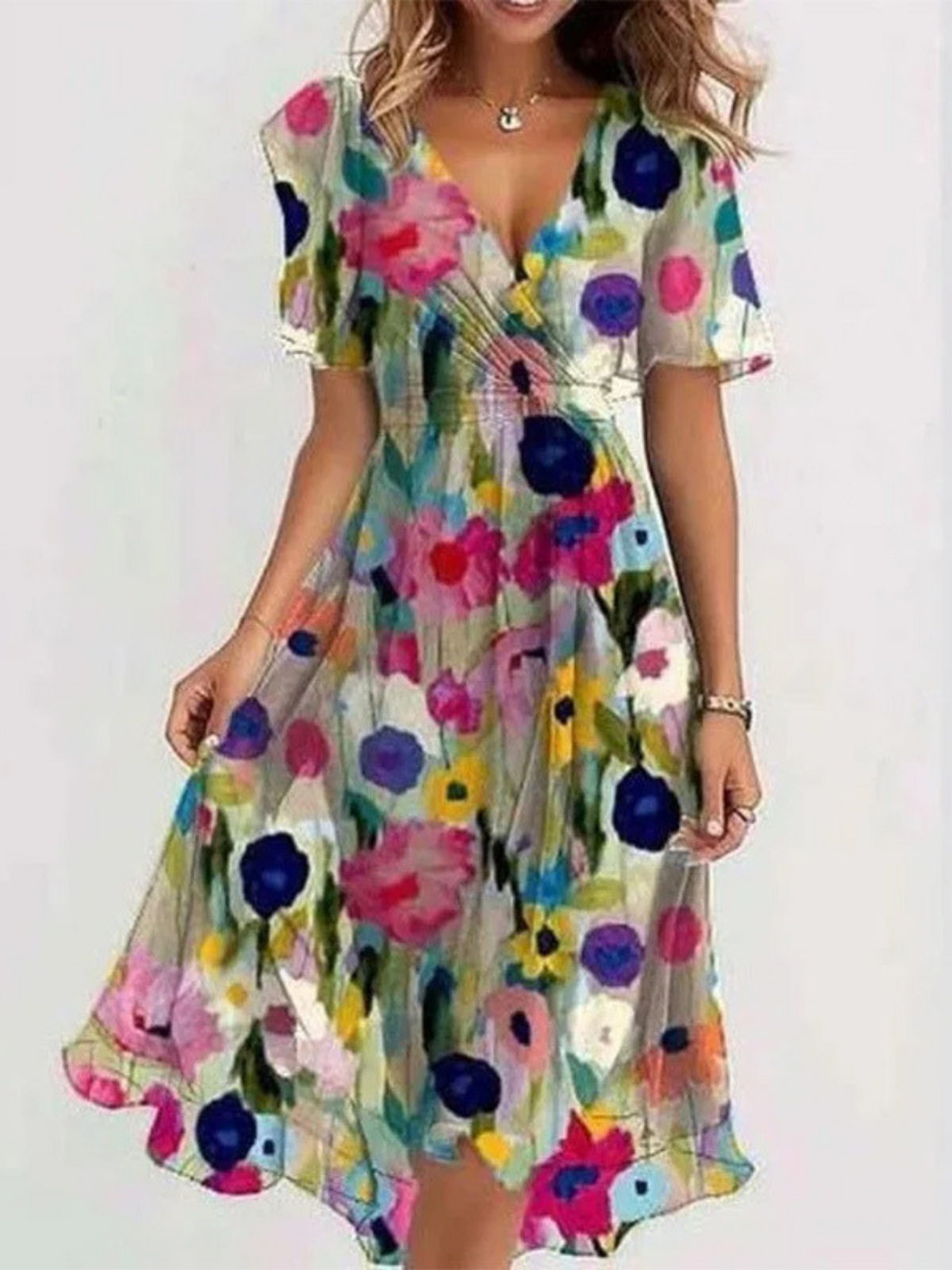 Lysandra | Women's Bohemian Relaxed Midi Dress, Round Neck, Short Sleeves