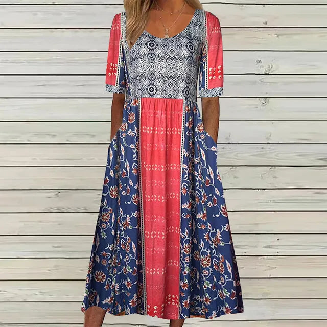 Rowena | Women's Bohemian A-Line Midi Dress, Round Neck, Short Sleeves