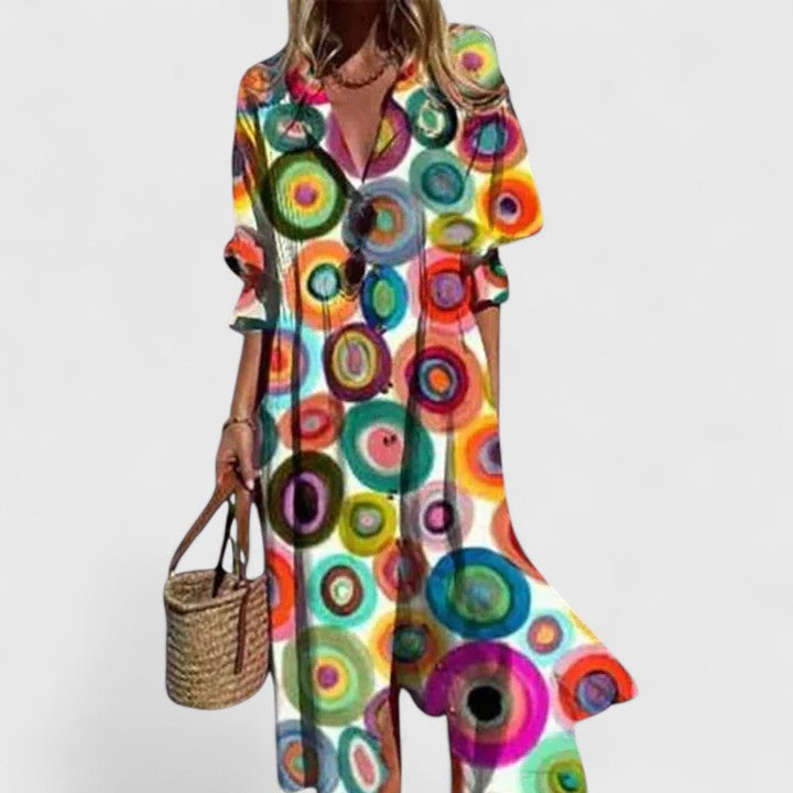 Aveline | Women's Bohemian Maxi Dress, Round Neck, Half Sleeves