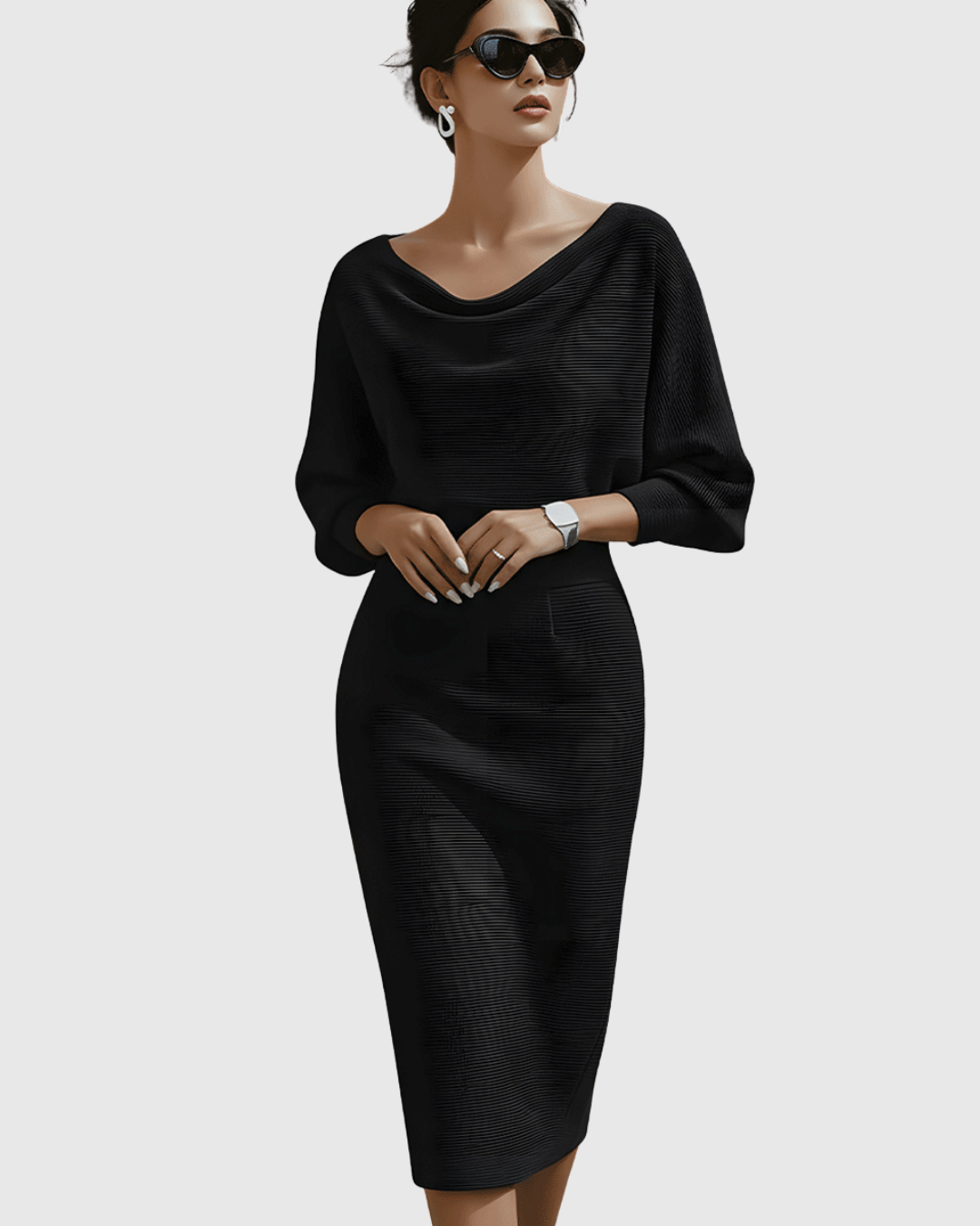 Idony | Women's Midi Dress, Cowl Neck, Batwing Sleeves