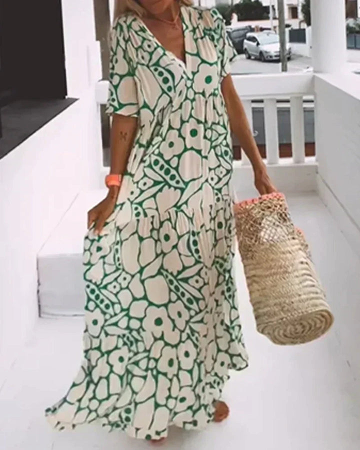 Ilaria-Rose printed maxi dress, v-neck, short sleeves
