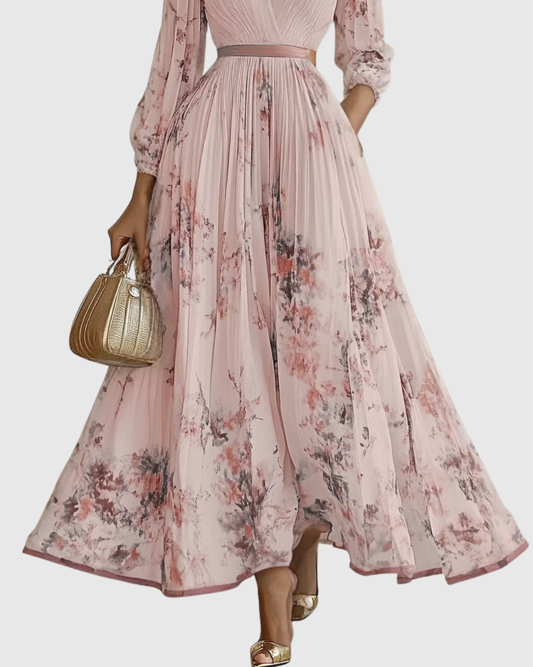 Demelza | Women's Floral Pleated Maxi Dress, V-Neck, Long Sleeves