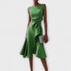 Women's sleeveless draped midi dress with defined waist tie and flared skirt