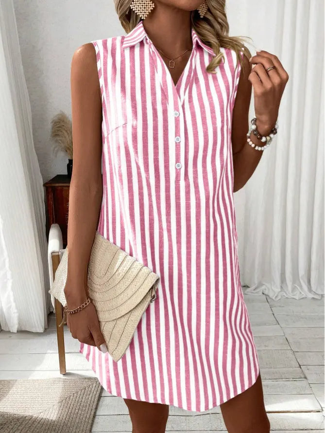 Marcella | Women's Striped Shirt Midi Dress, Collared, Short Sleeves