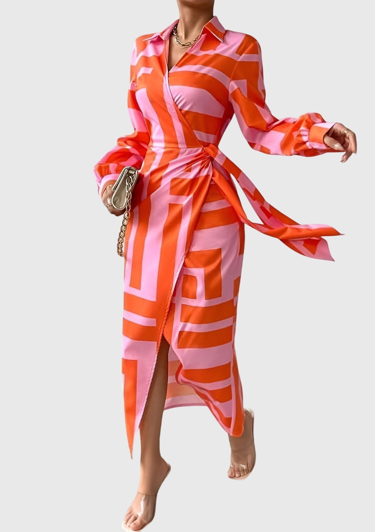 Hedwig | Women's Printed Wrap Midi Dress, Collared, Short Sleeves