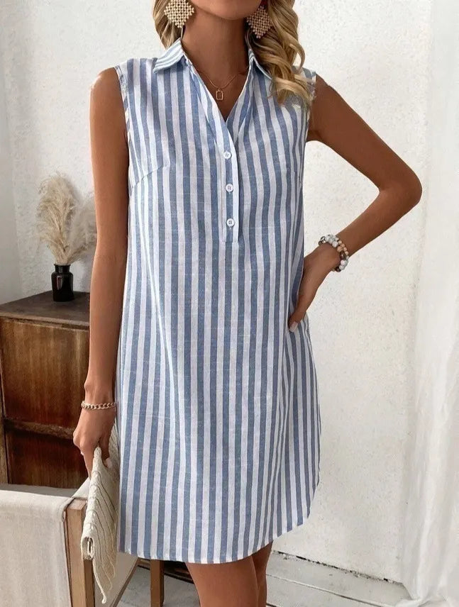 Marcella | Women's Striped Shirt Midi Dress, Collared, Short Sleeves