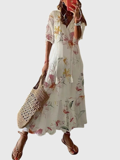 Cressida | Women's Bohemian Midi Dress, V-Neck, Short Sleeves