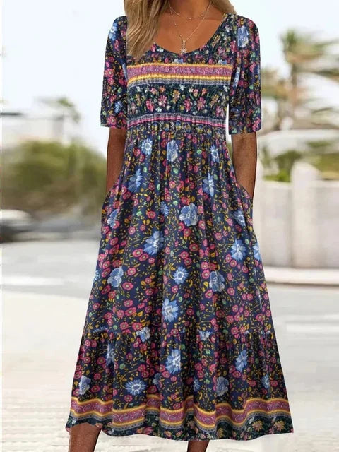 Rowena | Women's Bohemian A-Line Midi Dress, Round Neck, Short Sleeves