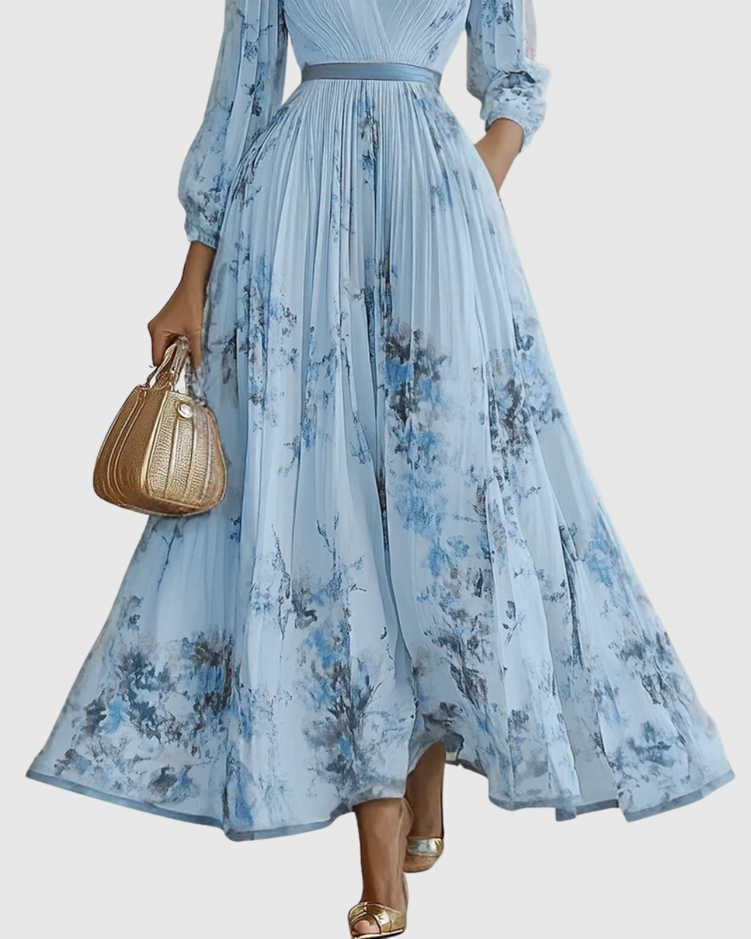 Demelza | Women's Floral Pleated Maxi Dress, V-Neck, Long Sleeves
