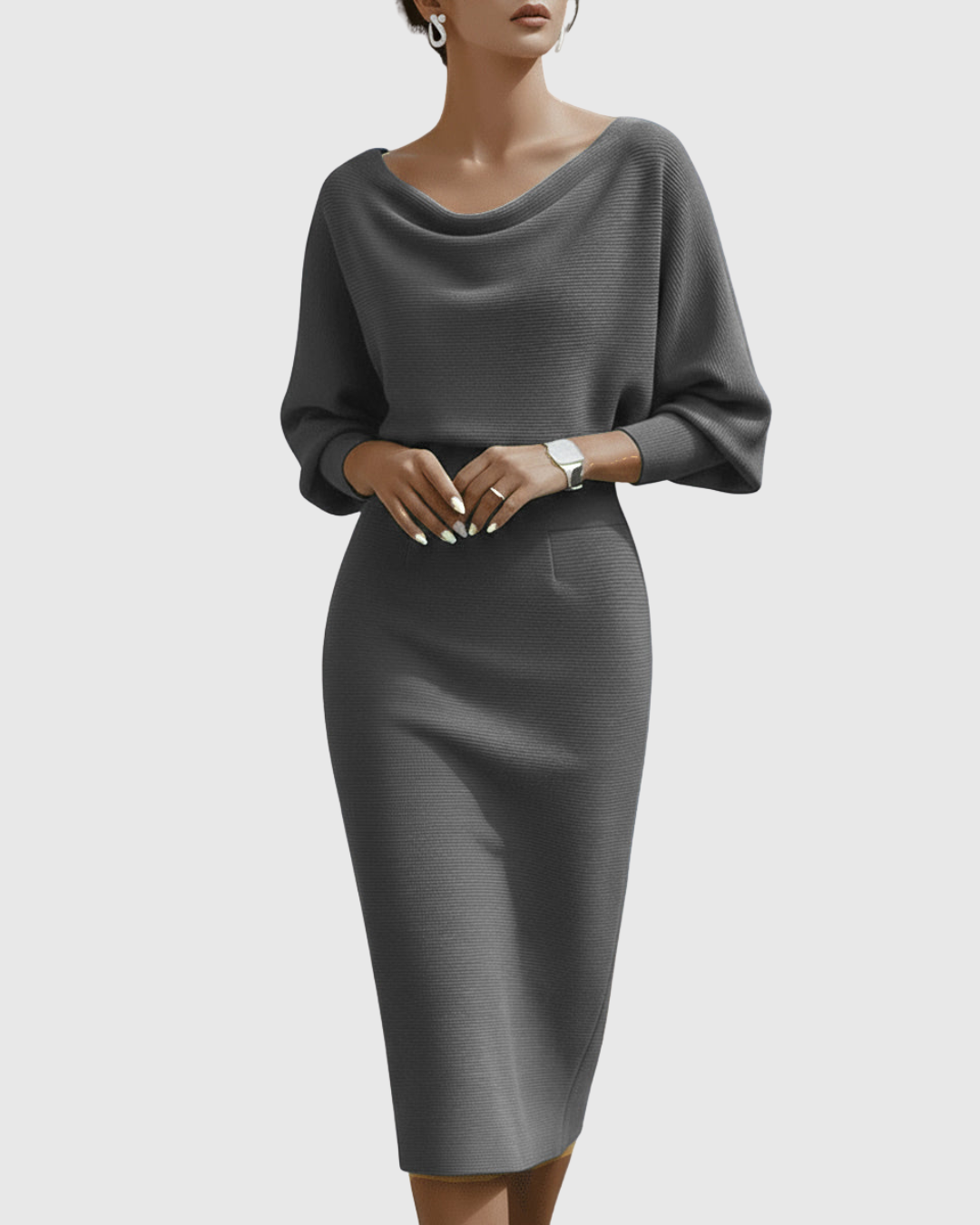 Idony | Women's Midi Dress, Cowl Neck, Batwing Sleeves