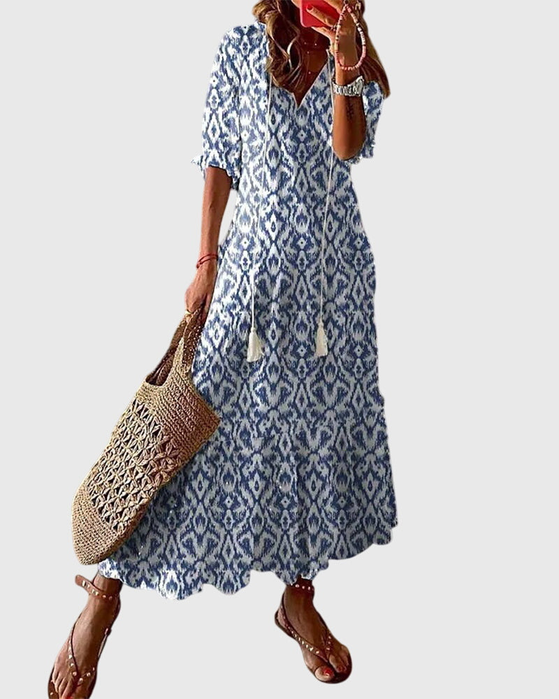 Cressida | Women's Bohemian Midi Dress, V-Neck, Short Sleeves
