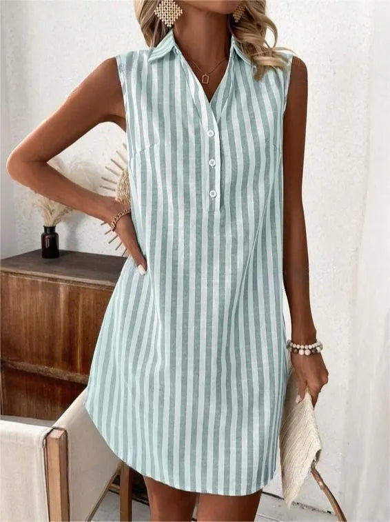 Marcella | Women's Striped Shirt Midi Dress, Collared, Short Sleeves