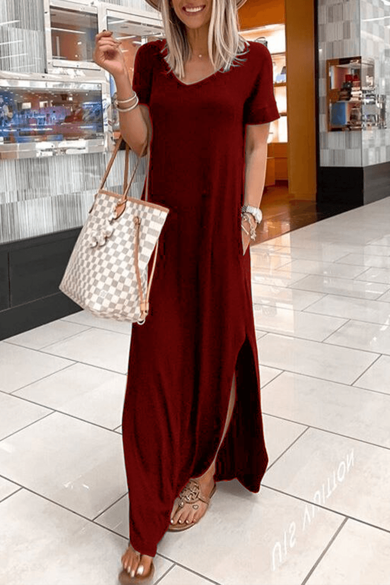 Women's Midi Dress, Round Neck, Short Sleeves, Side Slit