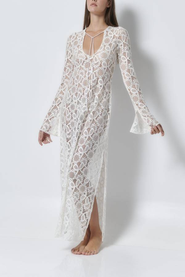 Women's Floral Maxi Dress, Round Neck, Long Sleeves, Side Slit