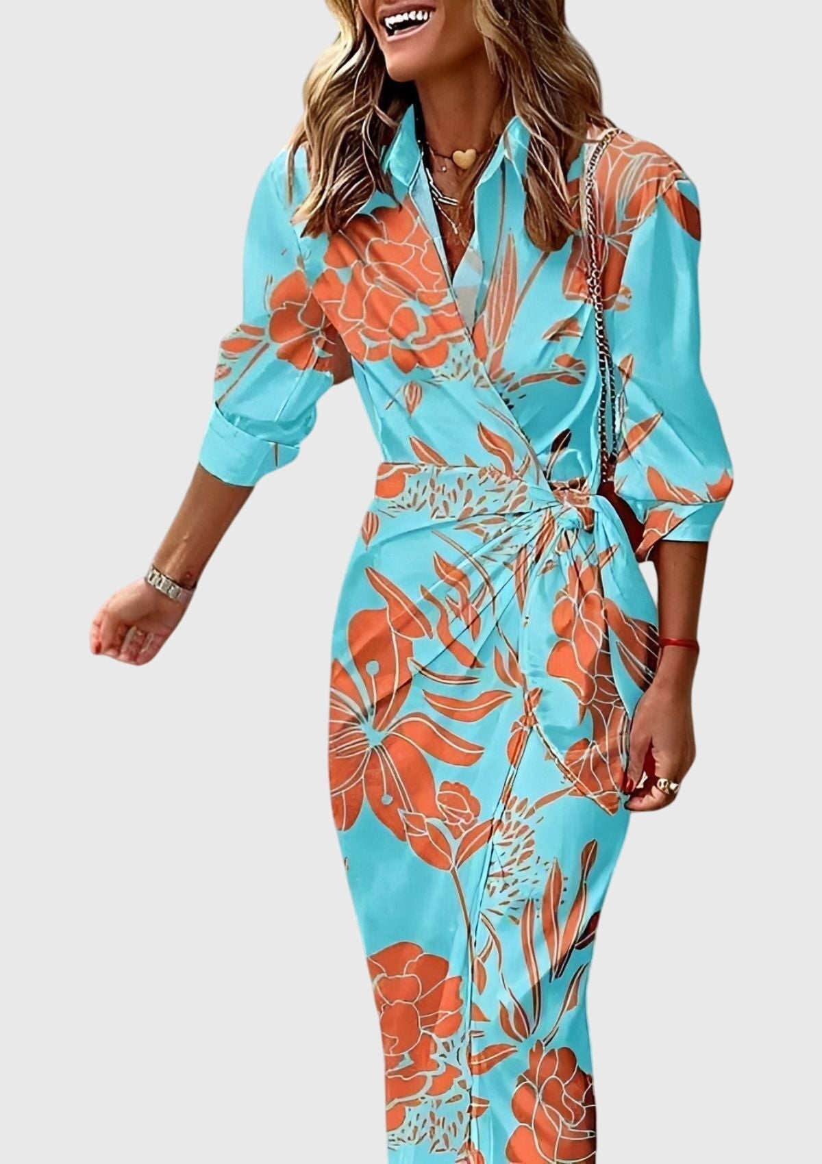 Hedwig | Women's Printed Wrap Midi Dress, Collared, Short Sleeves