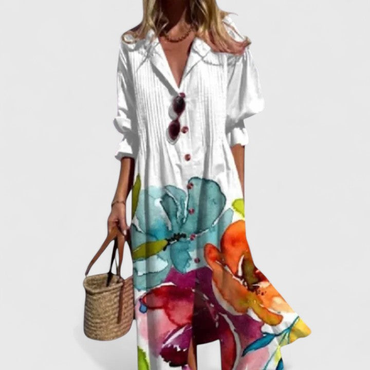 Edwina | Women's Shirt Maxi Dress, Collared, Short Sleeves