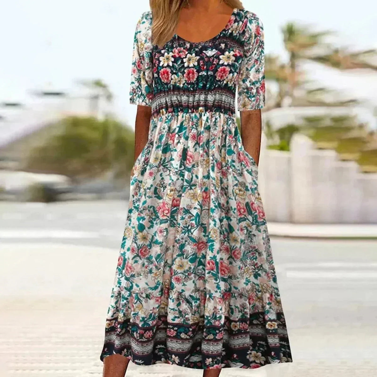 Rowena | Women's Bohemian A-Line Midi Dress, Round Neck, Short Sleeves