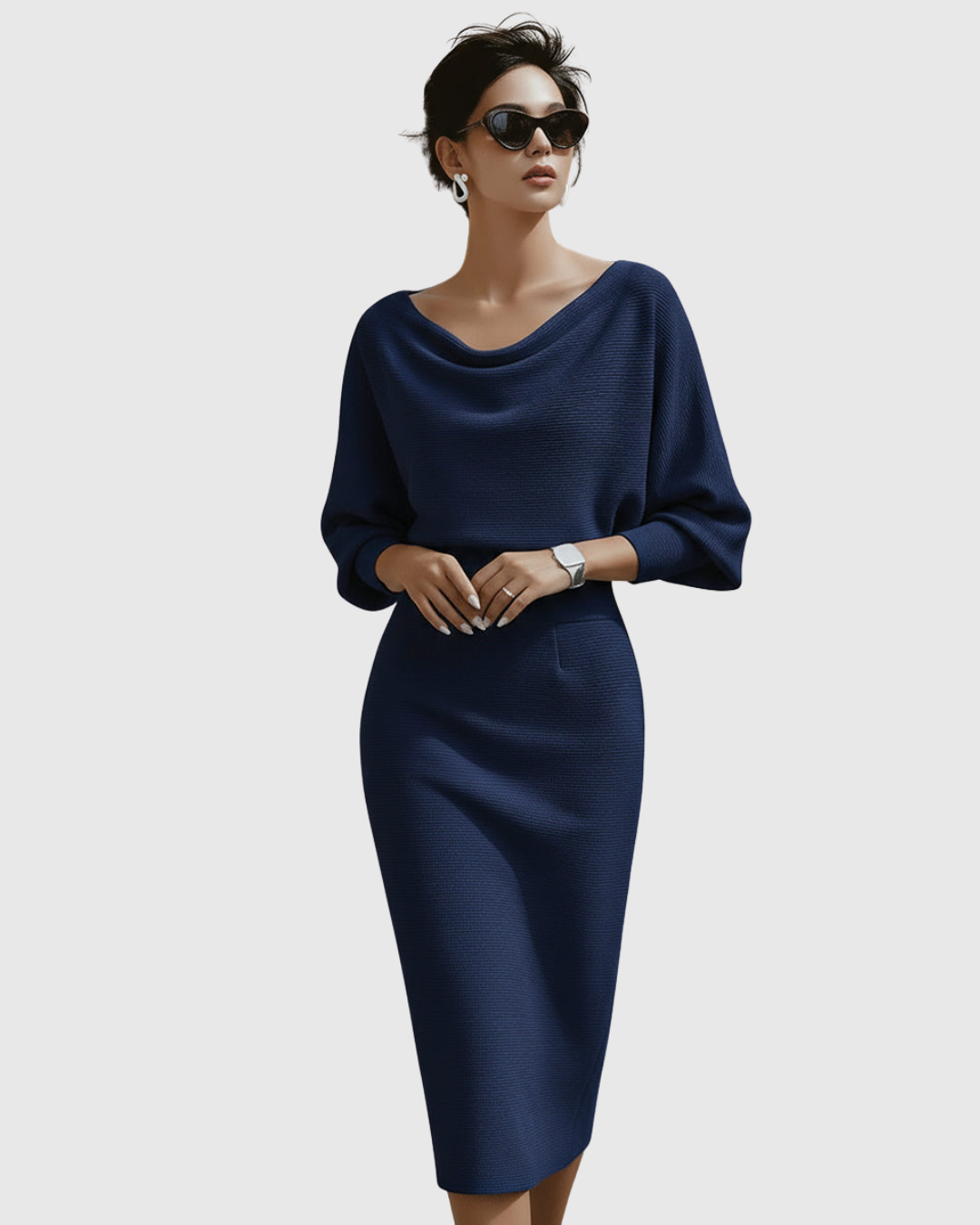Idony | Women's Midi Dress, Cowl Neck, Batwing Sleeves