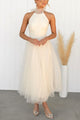 Blodwen | Women's Wedding Guest A-Line Midi Dress, Halter Neck, Short Sleeves