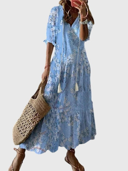 Cressida | Women's Bohemian Midi Dress, V-Neck, Short Sleeves