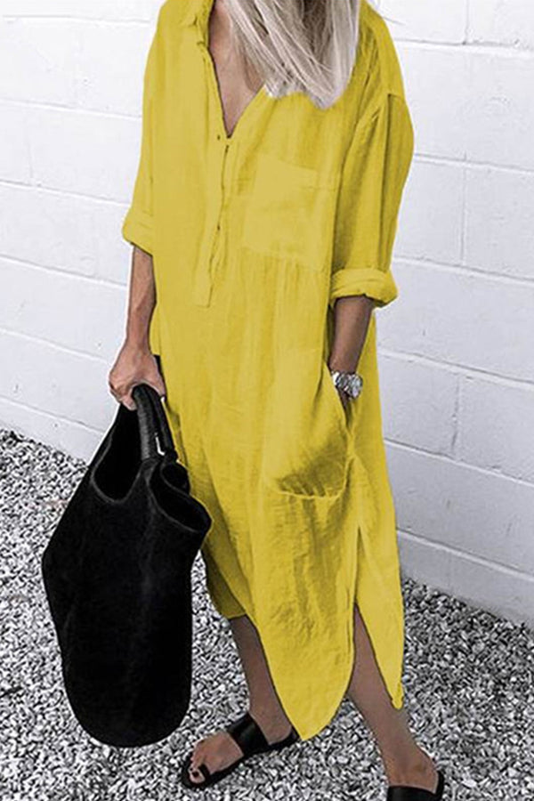 Women's Shirt Midi Dress, Collared, Long Sleeves, Side Slit