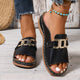 Women's white buckle slide sandals with open toe and flat sole