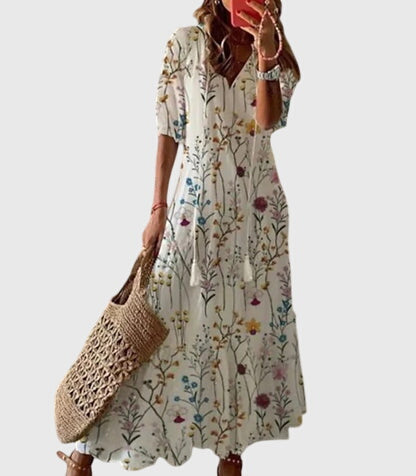 Cressida | Women's Bohemian Midi Dress, V-Neck, Short Sleeves