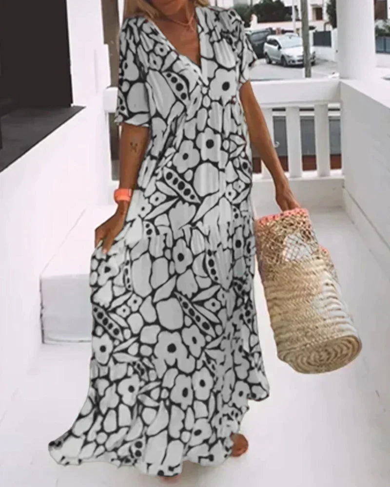 Ilaria-Rose printed maxi dress, v-neck, short sleeves