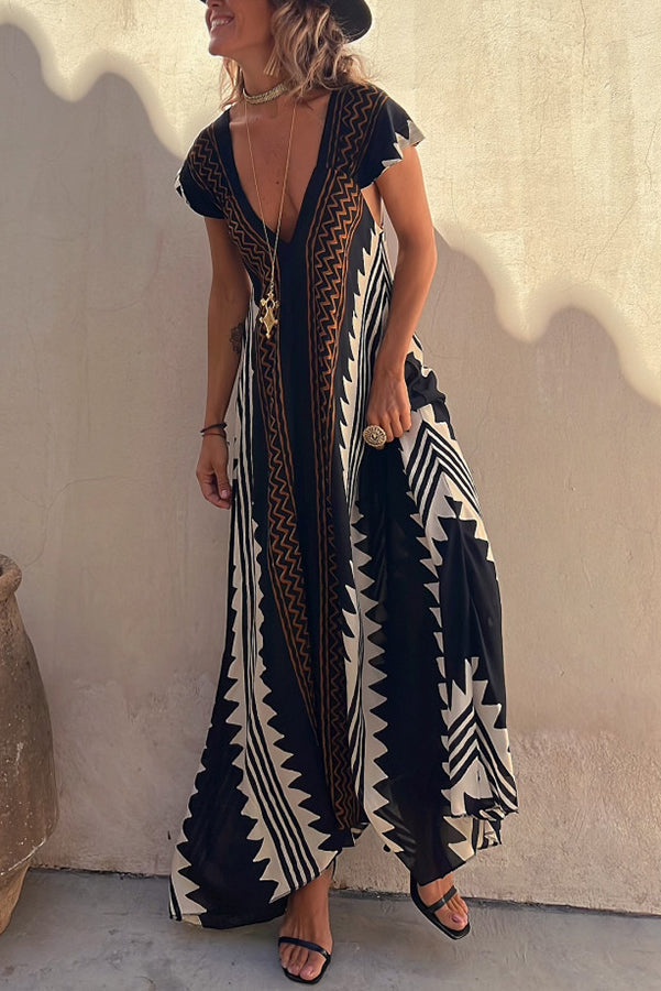 Women's Printed A-Line Maxi Dress, Round Neck, Short Sleeves