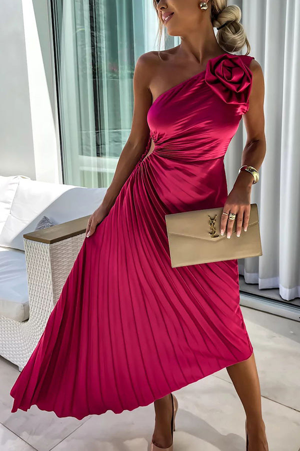 Guillemine pleated midi dress, off-shoulder, short sleeves