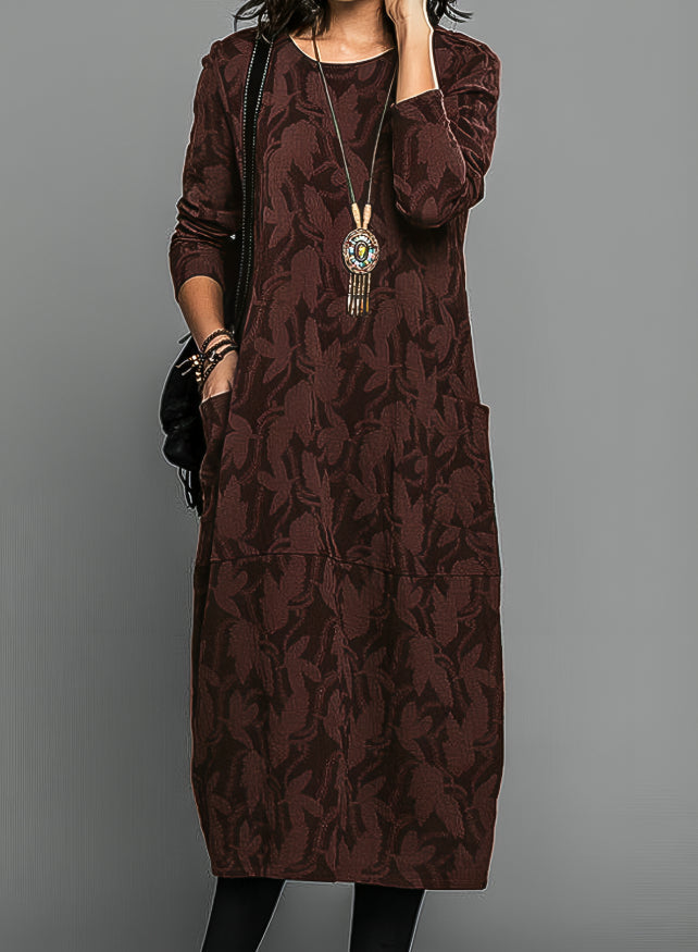 Women's Floral Relaxed Midi Dress, Round Neck, Short Sleeves, Pockets