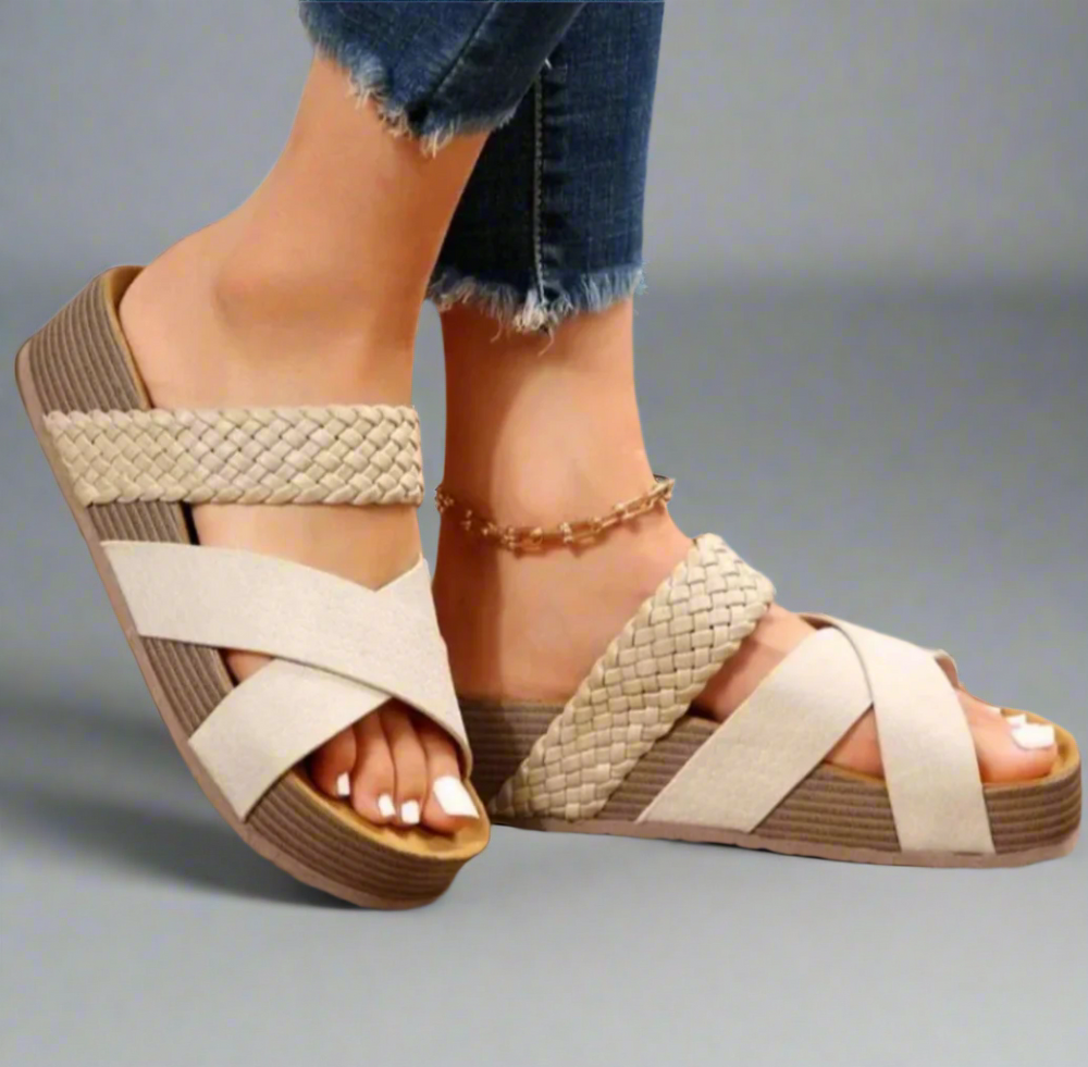 Women's open-toe wedge sandals with braided and cross-over straps