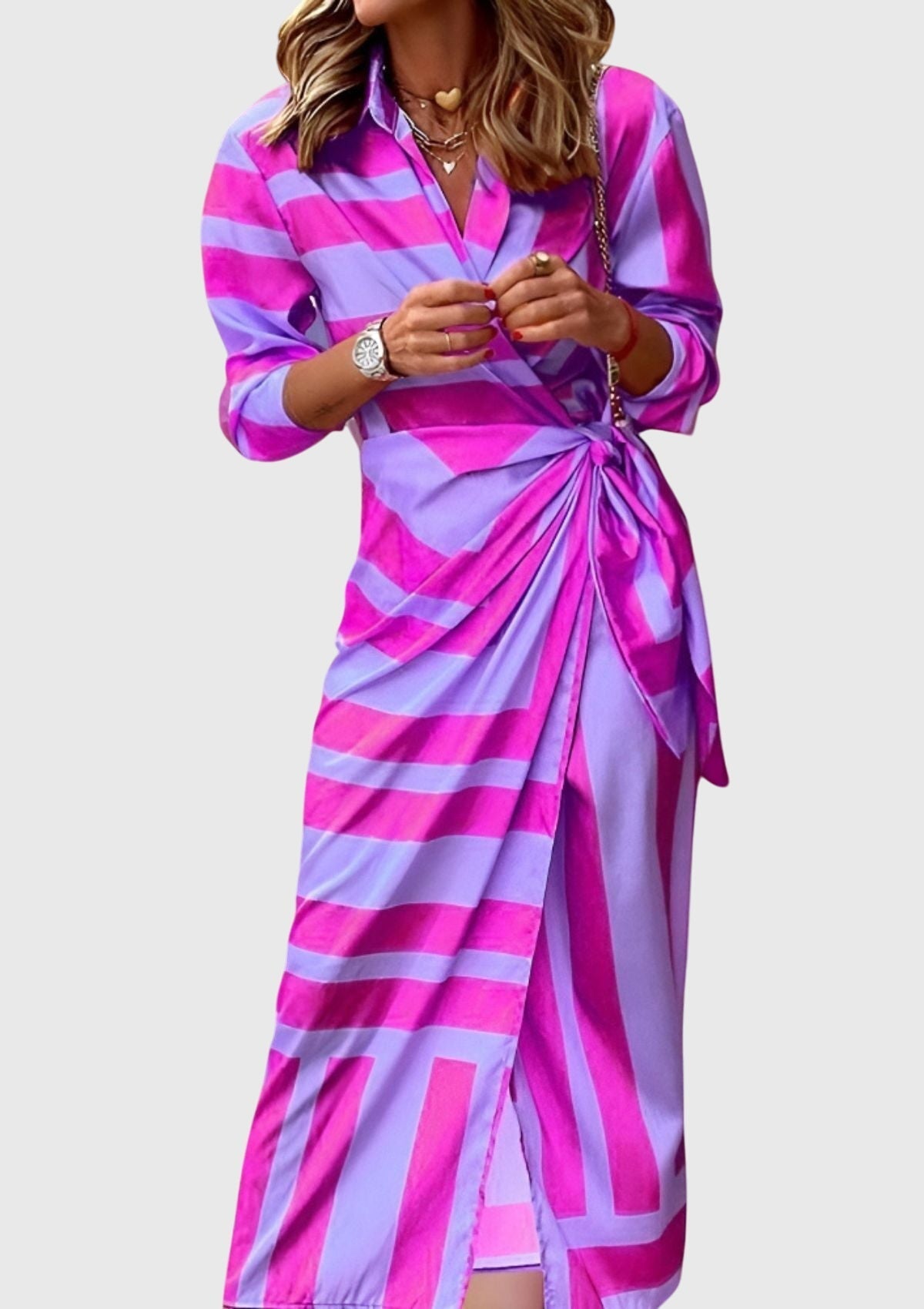 Hedwig | Women's Printed Wrap Midi Dress, Collared, Short Sleeves
