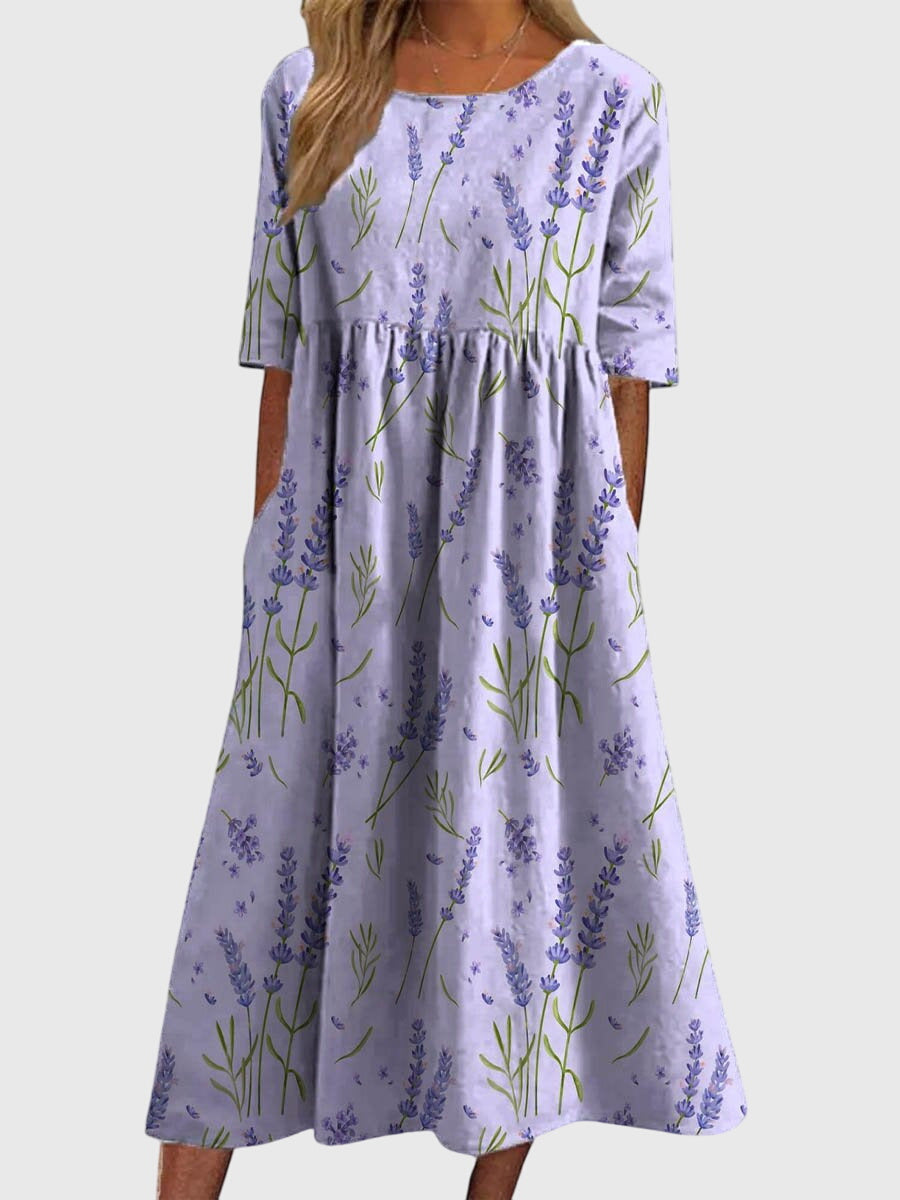 Gisela | Women's Embroidered Relaxed Midi Dress, Round Neck, Short Sleeves