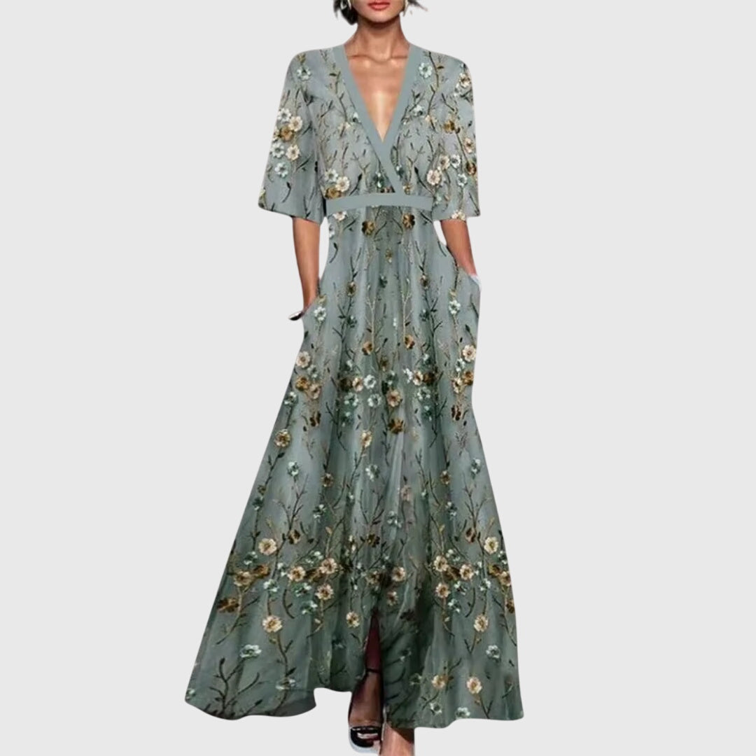 Elvira | Women's Floral Midi Dress, Round Neck, Short Sleeves